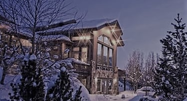 Serenity Hills Timber Frame Mountain Home Winter Lights Side