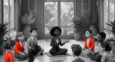 A group of distressed people sit in a circle around a pile of cash.