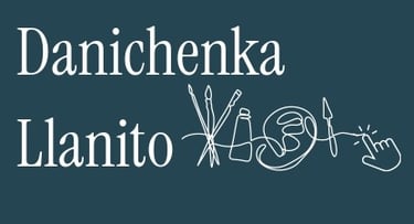 Danichenka Llanito brand logo featuring white serif text and line art art supplies on a dark blue background.