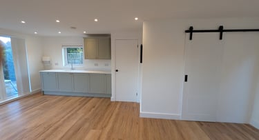Garden room kitchen with sage green cabinets, wood flooring, and a white sliding barn door.