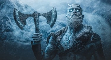 Fantasy frost giant with glowing blue eyes holding a runic double-headed axe in a snowstorm.