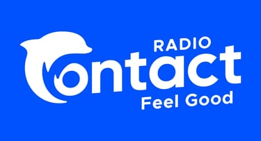 a radio station with a blue background and a white and black logo