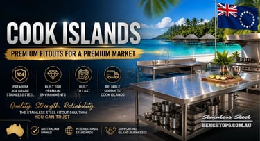 Stainless steel benches Cook Islands overlooking a tropical beach front.