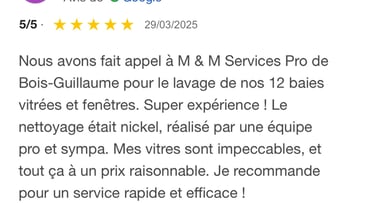 Avis google 5 étoiles clients m&m services pro nettoyage et vitres rouen 