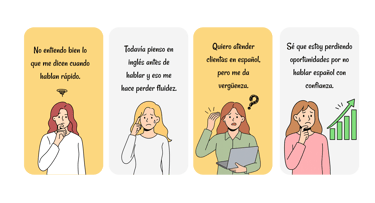 Mujeres que representan dificultades comunes al hablar español: no entender a perder oportunidades