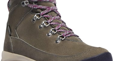 tan colored hiking boot with pink laces