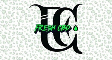 Fresh CBD con tipografía decorativa sobre fondo blanco animal print