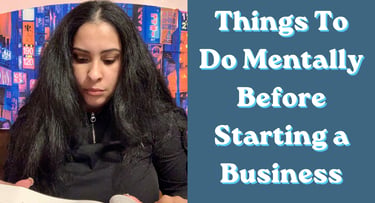 A focused woman reading a book with the title Things To Do Mentally Before Starting a Business.