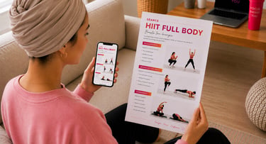 femme qui se prépare à faire sa séance de fitness avec son programme pdf qu'elle a téléchargé