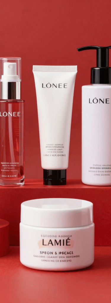 A vibrant display of beauty and skincare products arranged neatly on a white background.