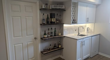 Basement bar and live edge shelves