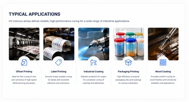 Industrial UV mercury lamp applications for offset printing, label printing, coating, packaging, and wood finishing
