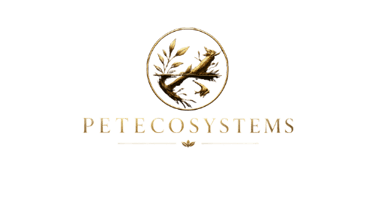 Pet Ecosystems gold logo on black background.
