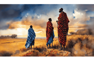 a painting of a man and a woman and child in a red and blue dress