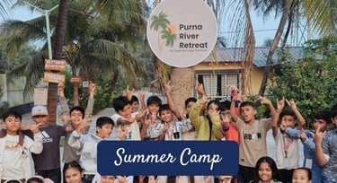 school kids posing at purna river retreat during summer camp near surat