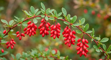 Arbusto de agracejo (Berberis vulgaris) con racimos de bayas rojas, fuente natural de berberina.