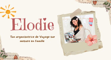Elodie, a professional family travel planner, smiling while using a laptop decorated with travel stickers.