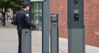 A guard dressed in a formal uniform stands at attention in a sentry box outside a grand historic building with stone walls and large windows. An archway to the right shows part of a courtyard with parked cars and a couple of people walking in the background.