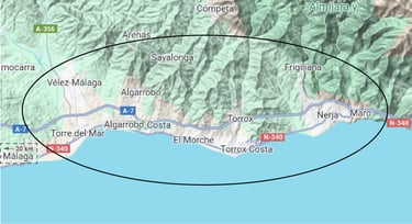 Core search area in Axarquia, Malaga, Costa del Sol