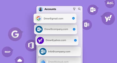 Unified inbox app interface managing multiple email accounts for Gmail, Outlook, and Yahoo on a purple background.