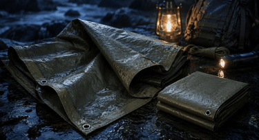 Durable olive green waterproof camping tarp with grommets displayed with outdoor survival gear at night.