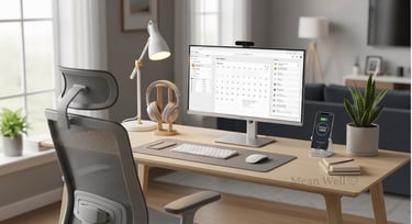 Modern minimalist home office setup with an ergonomic chair, calendar on monitor, and desk lamp.