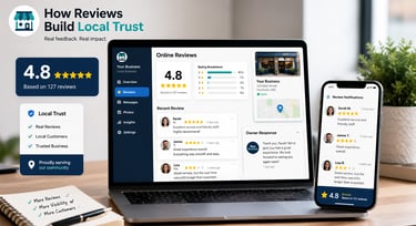 A laptop and smartphone displaying a local business review dashboard with five-star ratings and customer feedback.