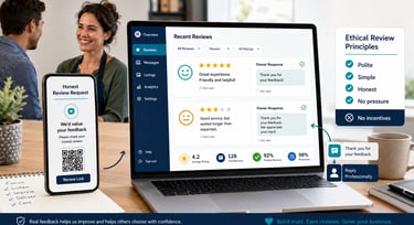 A business owner manages customer feedback on a laptop review dashboard with ethical review principles.