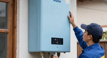 Smiling technician holding genuine Mabe replacement parts in a modern kitchen.
