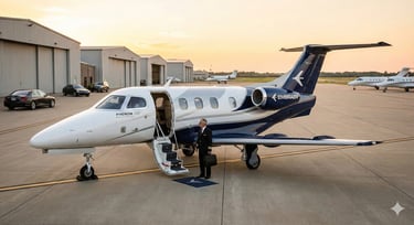 a man in a suit and tie standing in front of a private jet