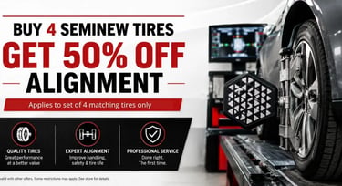 Promotional wheel alignment deal at Fast Tire Shop offering 50% off alignment with the purchase of 4