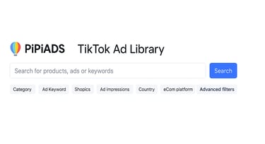 A screenshot of the PiPiADS TikTok Ad Library interface, showing the search bar and filter options.