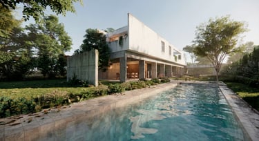 Casa moderna, minimalista y contemporánea, vista desde la pileta, el patio y la integración con la galería.