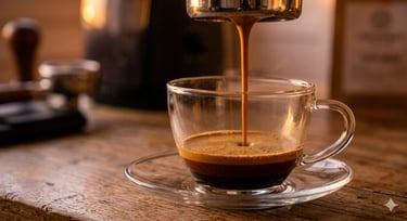 Extracción de café espresso perfecta en taza de cristal.
