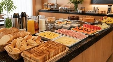 Atividade de listening em inglês sobre café da manhã em um hotel no Brasil.