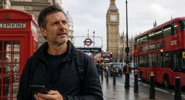 Atividade de listening em inglês sobre um turista americano perdido em Londres, com vocabulário de v