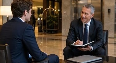 Atividade de listening em inglês sobre uma entrevista de emprego inesperada em um hotel.