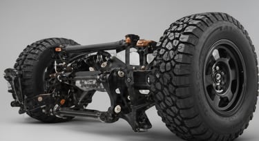 A close-up of a high-performance vehicle chassis showing the suspension, axle, and a large all-terrain tire.