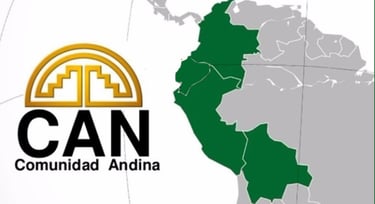 Comunidad Andina logo and map showing South American member nations in green.