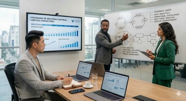 Consultores em reunião de eficiência com gráficos