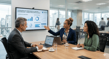 Consultores em reunião analisando gráficos de estratégia em escritório moderno