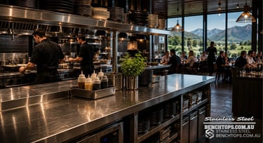 Chefs cooking and plating up food on commercial stainless steel Benches New Zealand.