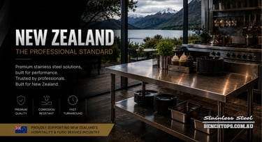 Premium restaurant pass area setup with durable stainless steel Benches New Zealand.