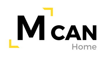 Mcan Home logo featuring yellow corner frame accents and the word Home in grey text.