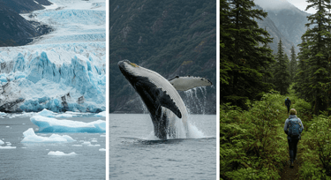 collage emphasizing adaptable travel gear for Alaska coolcation destinations like Juneau.