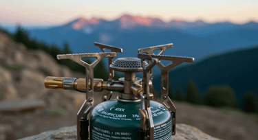 Traveler using a multi-fuel camping stove with mountain and trees in teh background