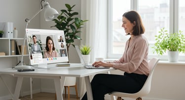 a professional engaging in a virtual interview during a career fair.