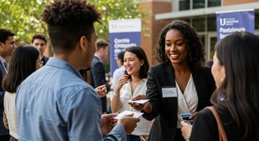 Alumni from university exchanging business cards.