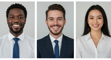 from 3 races, 2 men and 1 women wearing professional tops and collar styles for virtual interview.