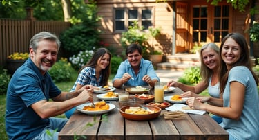 a group of people sitting at a table with food - Real Estate in Florida